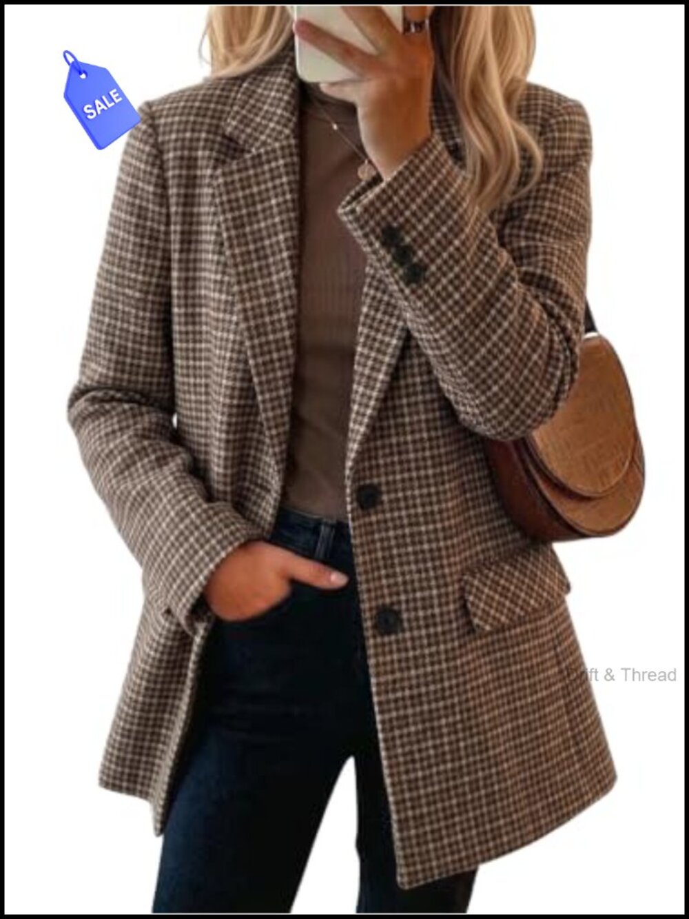 Wool Blend Houndstooth Plaid Blazer Oversized Notch Lapel Business Casual